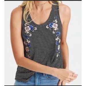 AEO soft sexy black stripe floral embroidered top